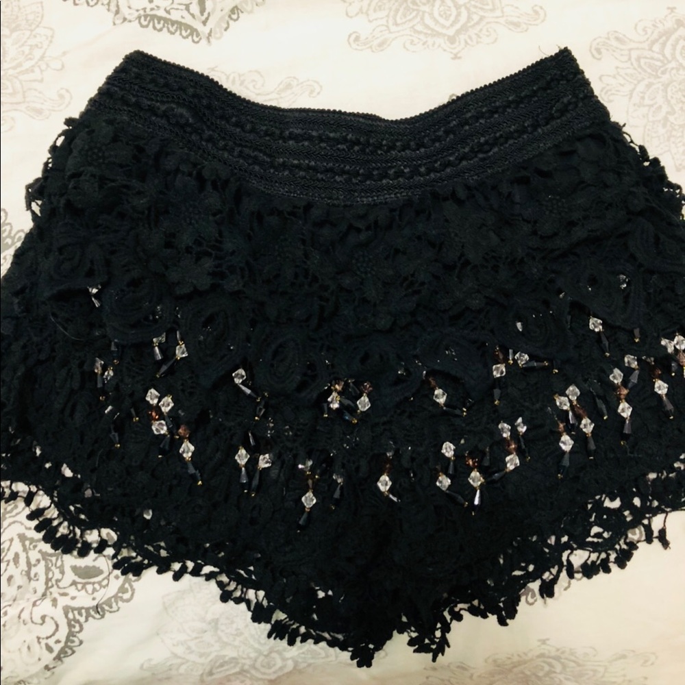 iHeartRaves Black Crochet Lace High-Waist Shorts with Bead Accents